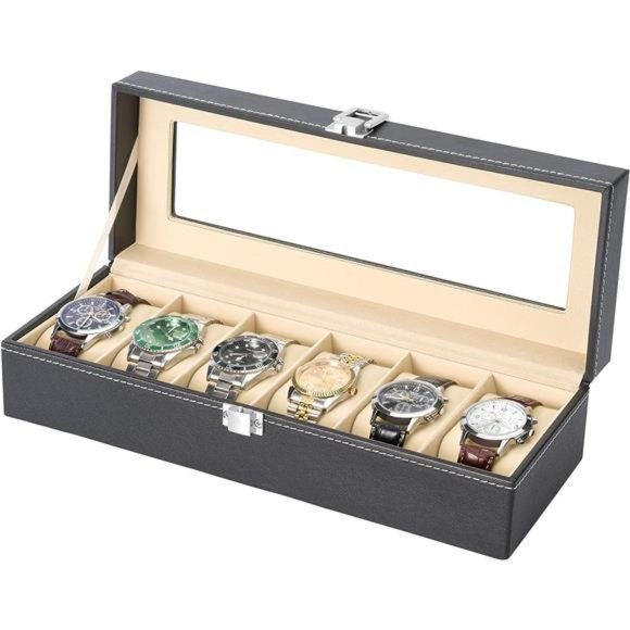 NEW -  Leather Watch Box Display Case &Jewelry Organizer with Glass Top - Picture 6 of 6